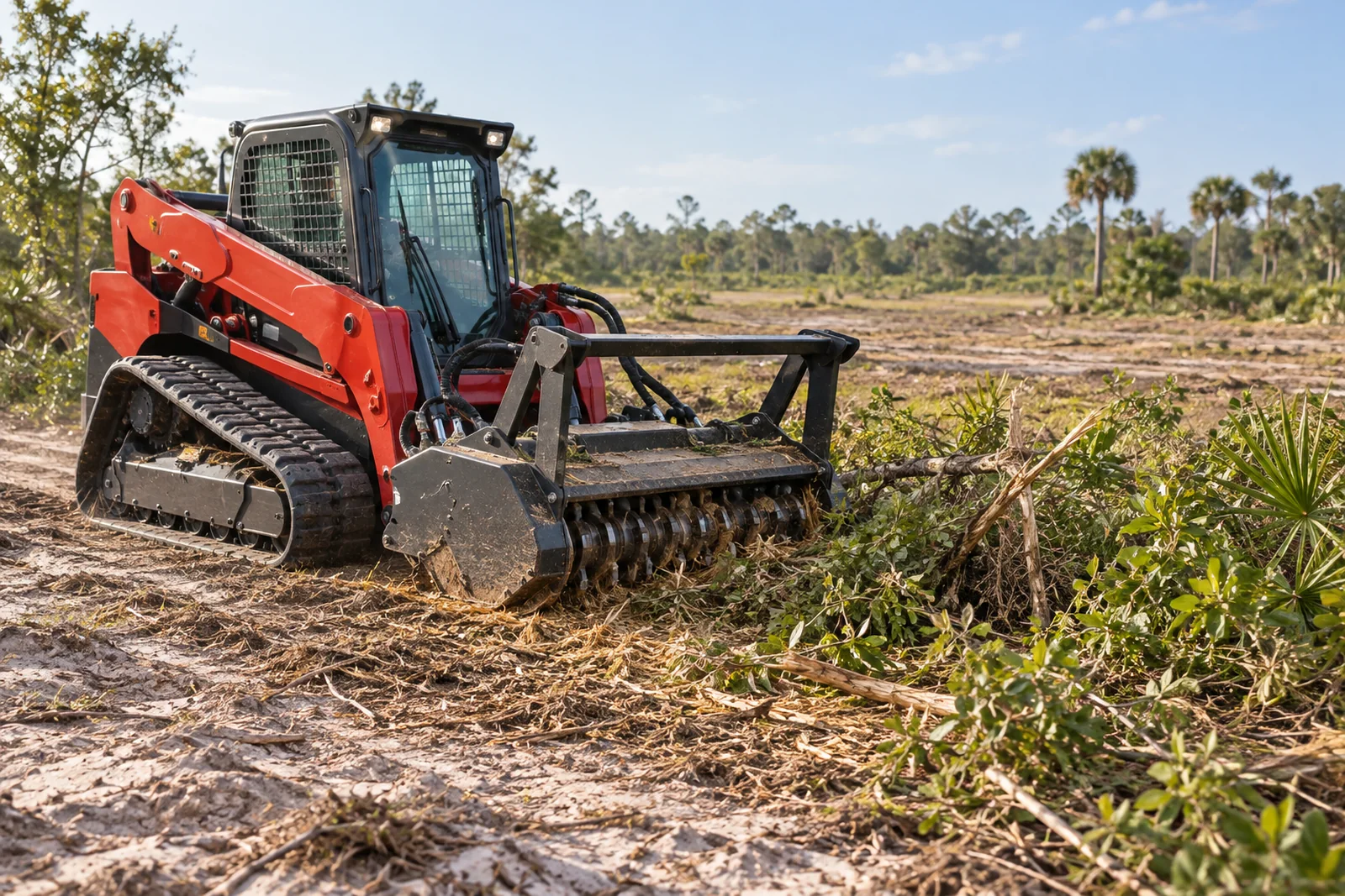 Compact track loader clearing low vegetation on a Florida lot