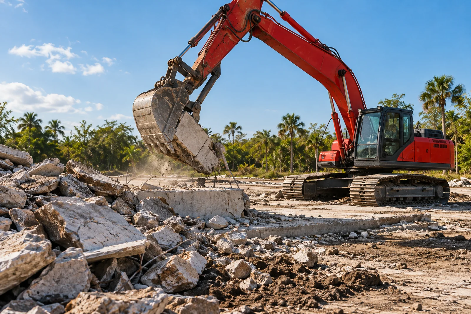Excavator removing broken concrete at a demolition site